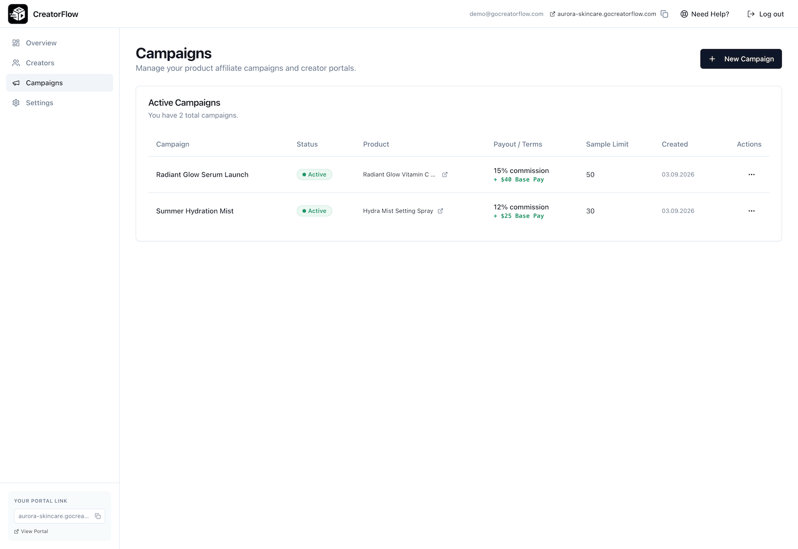CreatorFlow campaigns page listing active campaigns with commission terms and sample limits