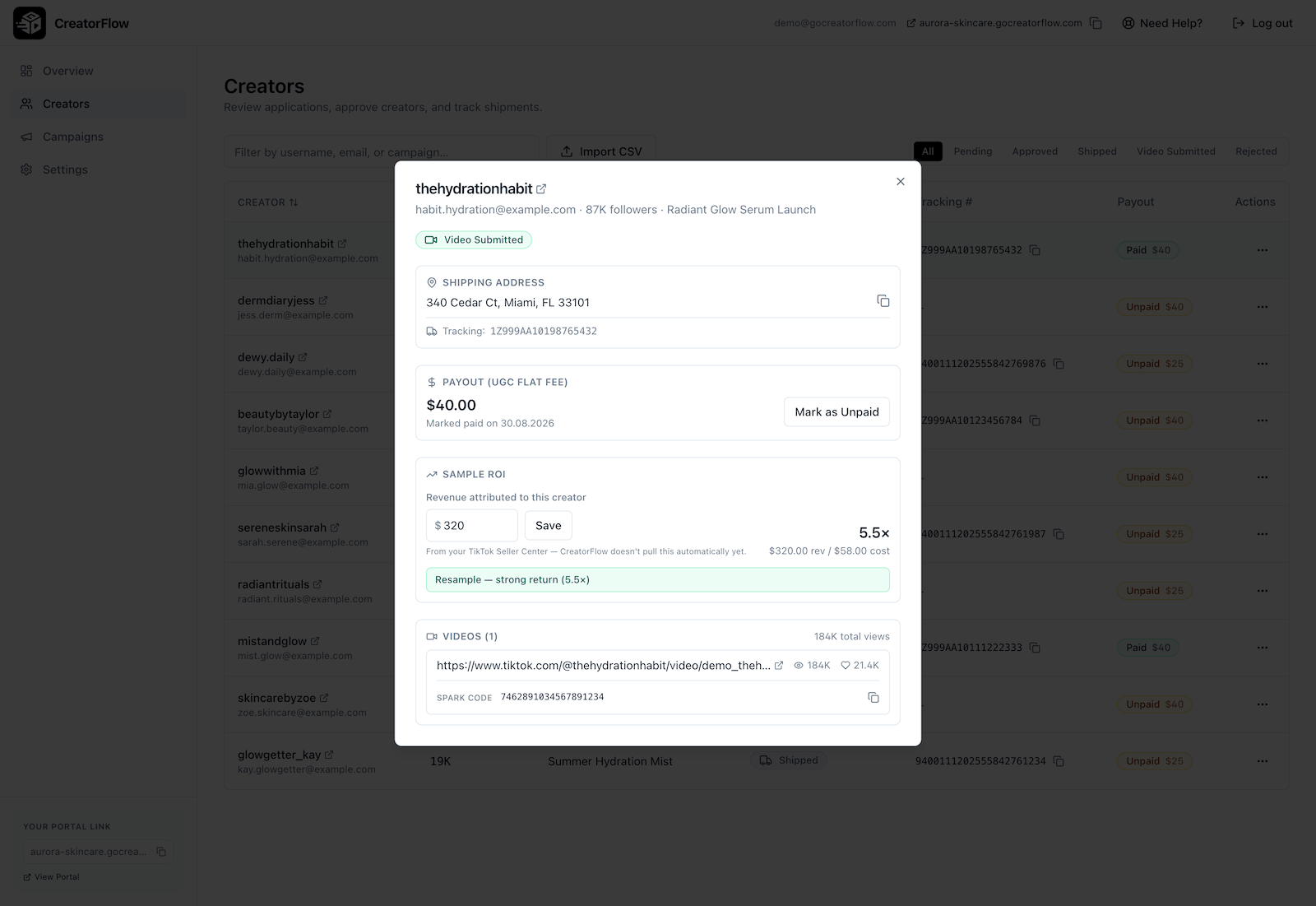 CreatorFlow creator detail dialog showing shipping address, payout status, and tracked TikTok videos