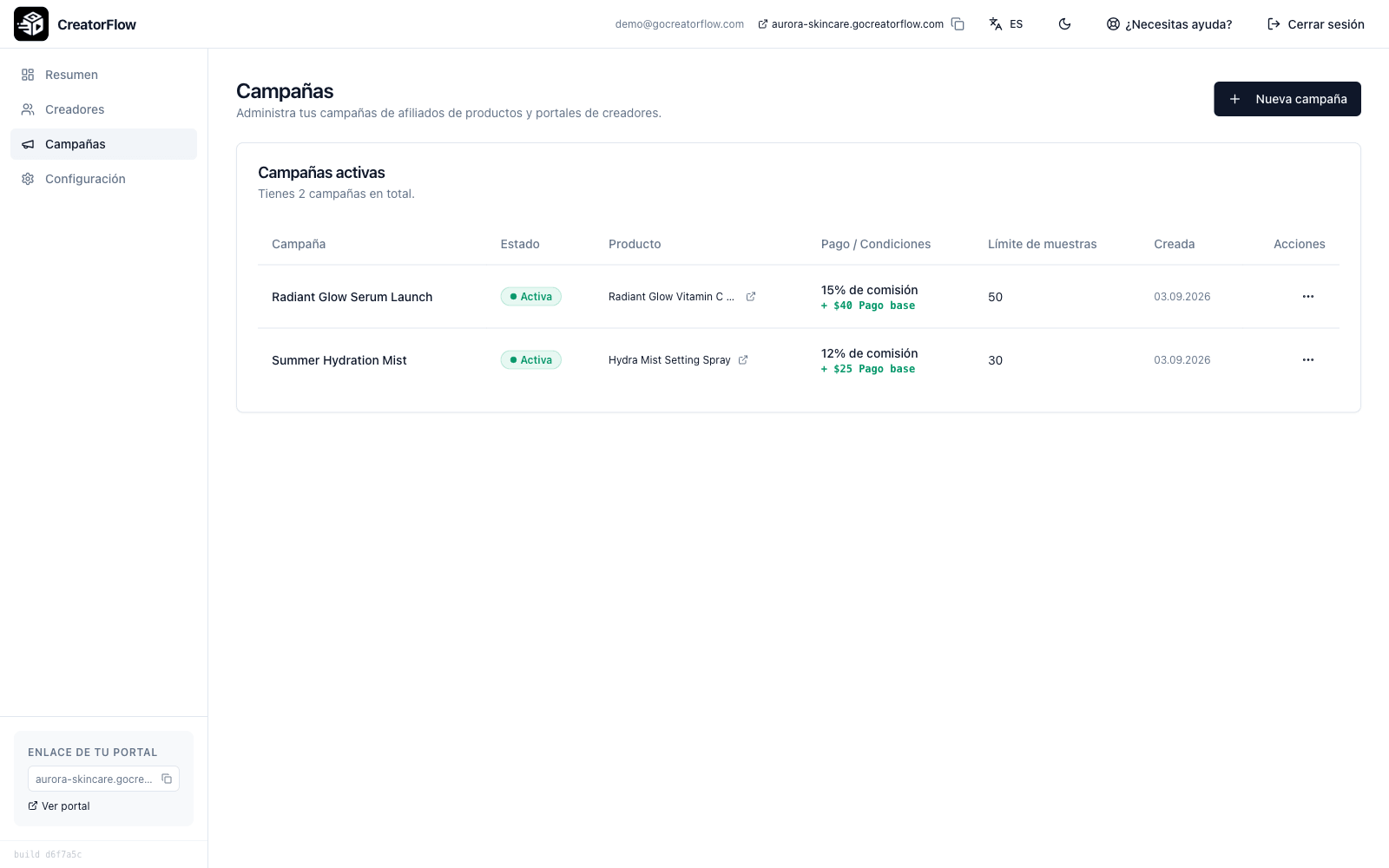 Página de campañas de CreatorFlow con campañas activas, condiciones de comisión y límites de muestras