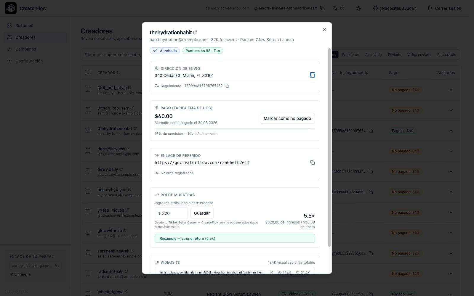 Detalle de un creador en CreatorFlow con dirección de envío, estado del pago y videos de TikTok rastreados