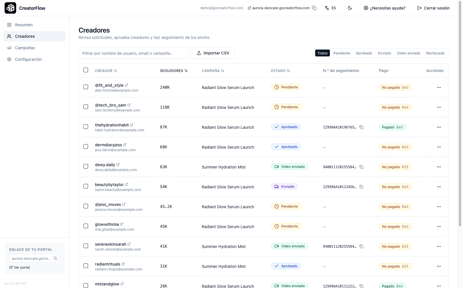 Tabla de creadores de CreatorFlow con solicitantes, número de seguidores, estados, números de seguimiento y pagos