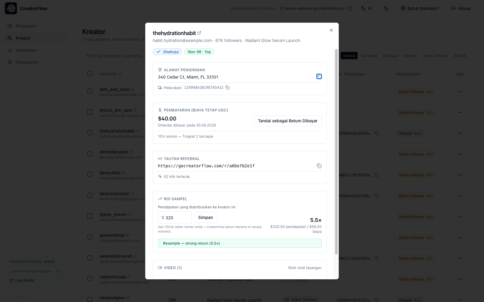 Dialog detail kreator CreatorFlow menampilkan alamat pengiriman, status pembayaran, dan video TikTok yang dilacak