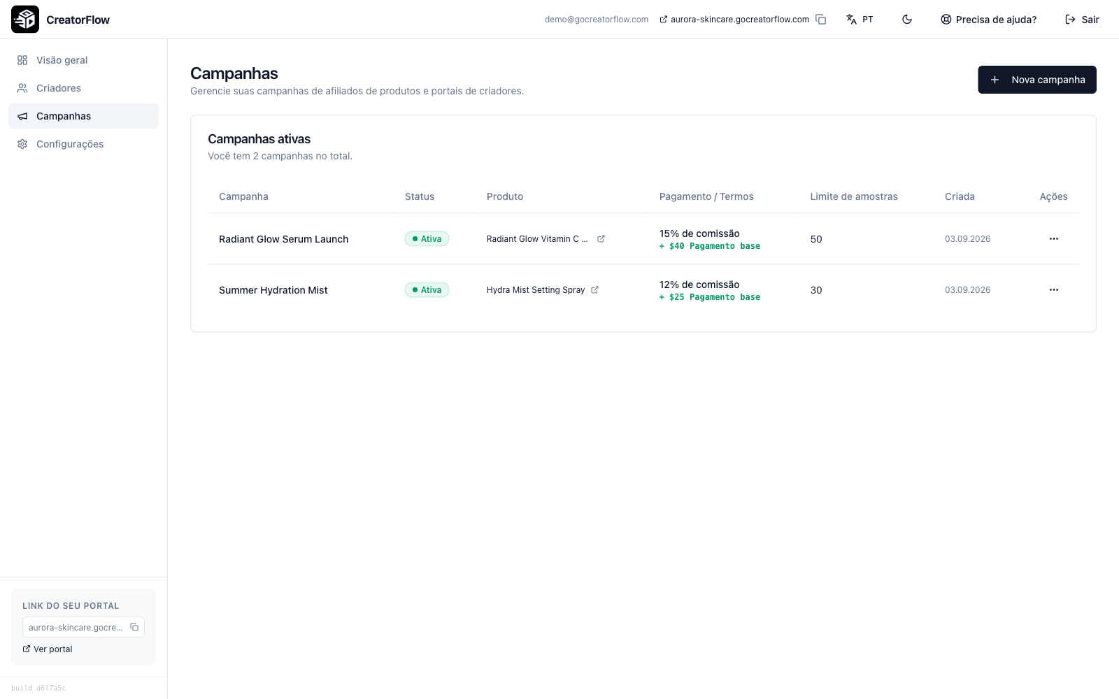 Página de campanhas do CreatorFlow com campanhas ativas, termos de comissão e limites de amostras