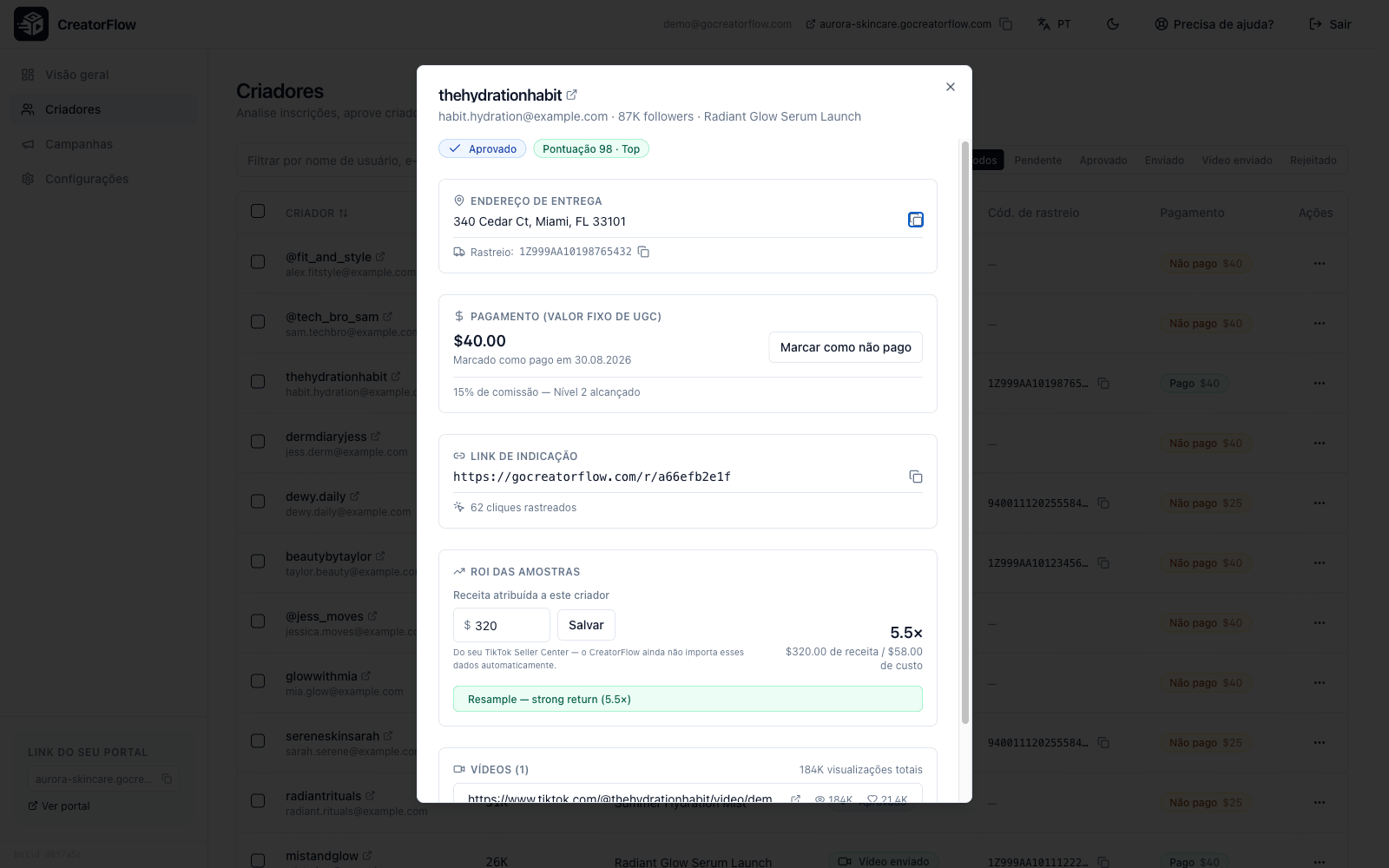 Detalhes de um criador no CreatorFlow com endereço de entrega, status do pagamento e vídeos do TikTok acompanhados