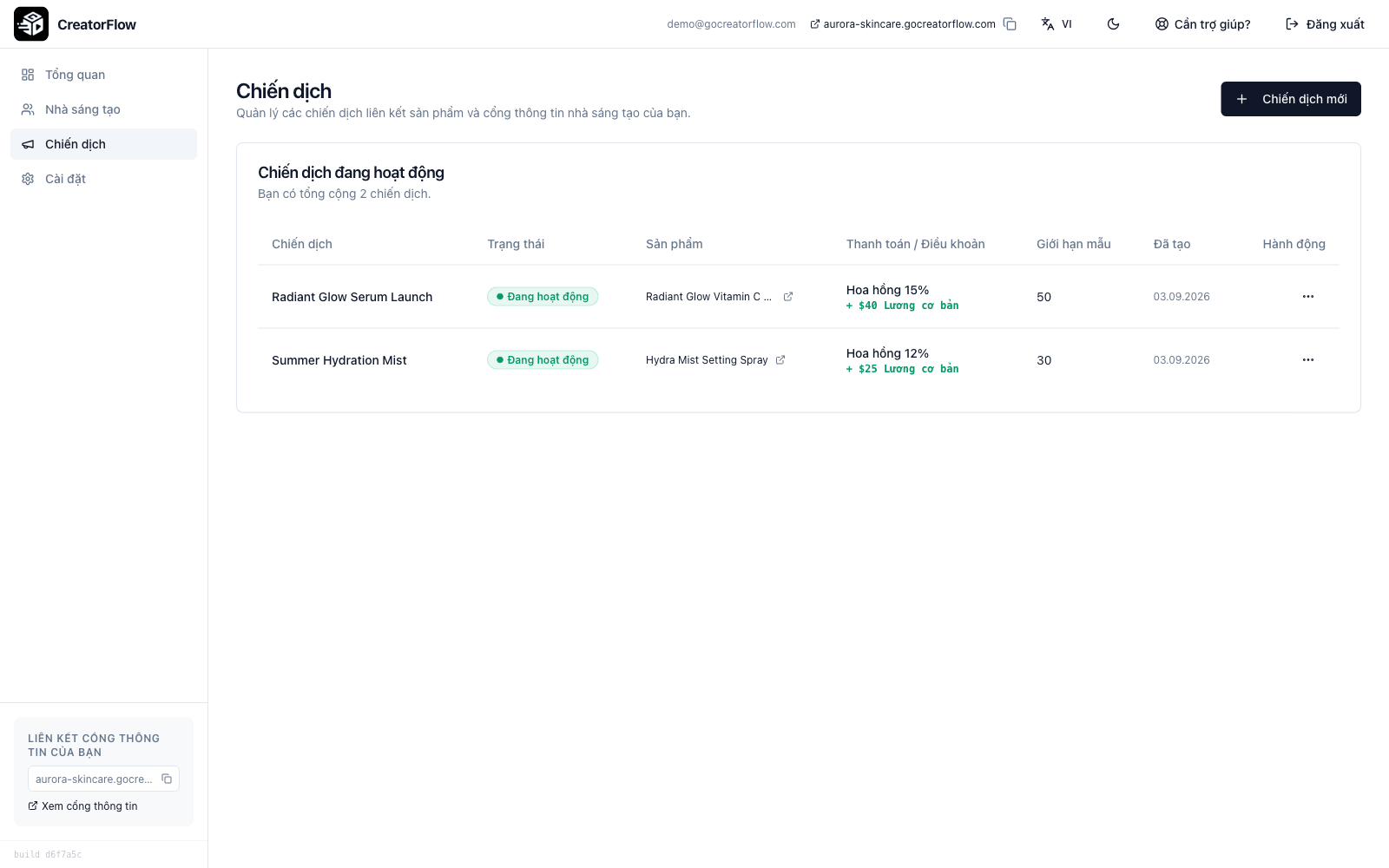 Trang chiến dịch CreatorFlow liệt kê các chiến dịch đang hoạt động với điều khoản hoa hồng và giới hạn mẫu